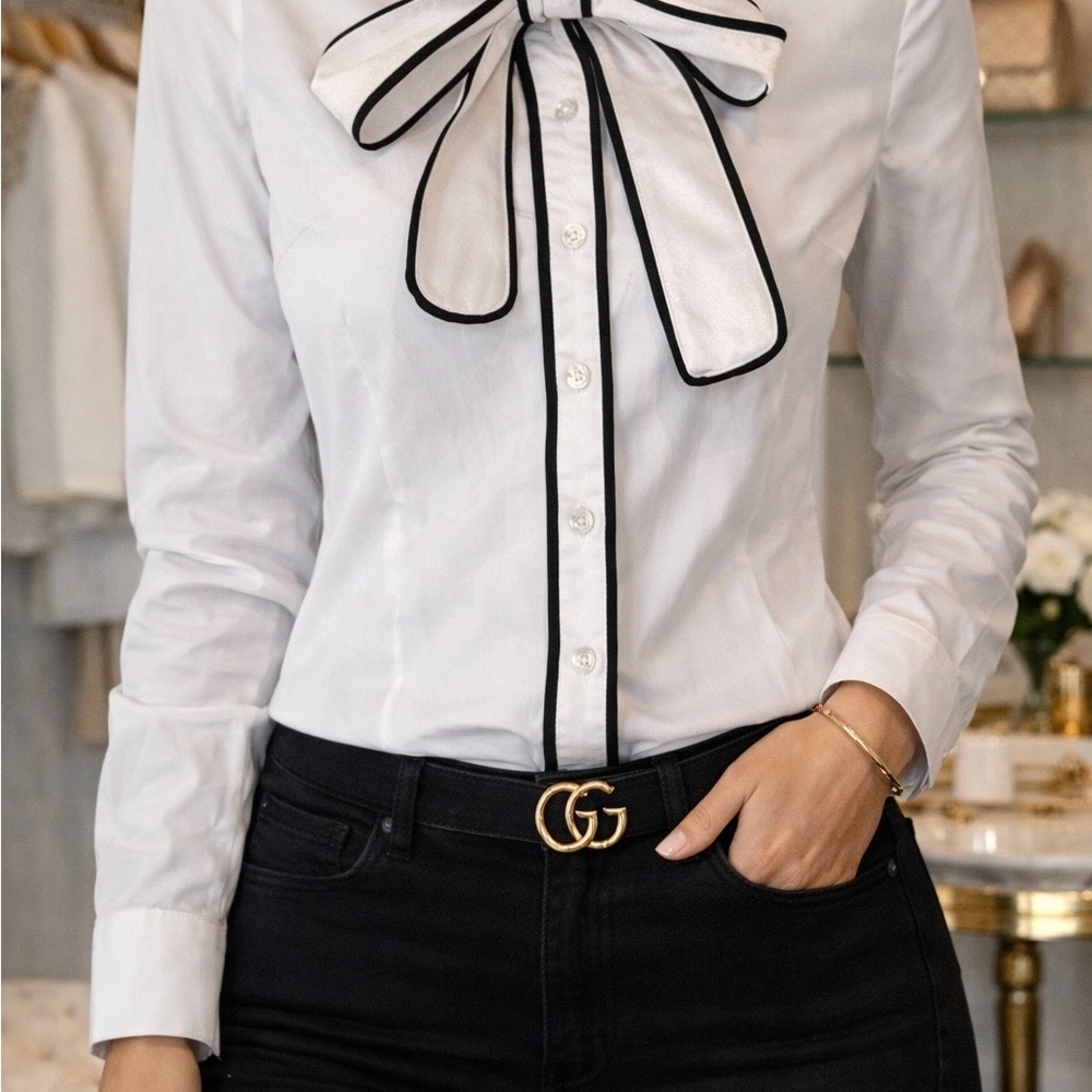 Elegant White Blouse with Black Trim For elegant women